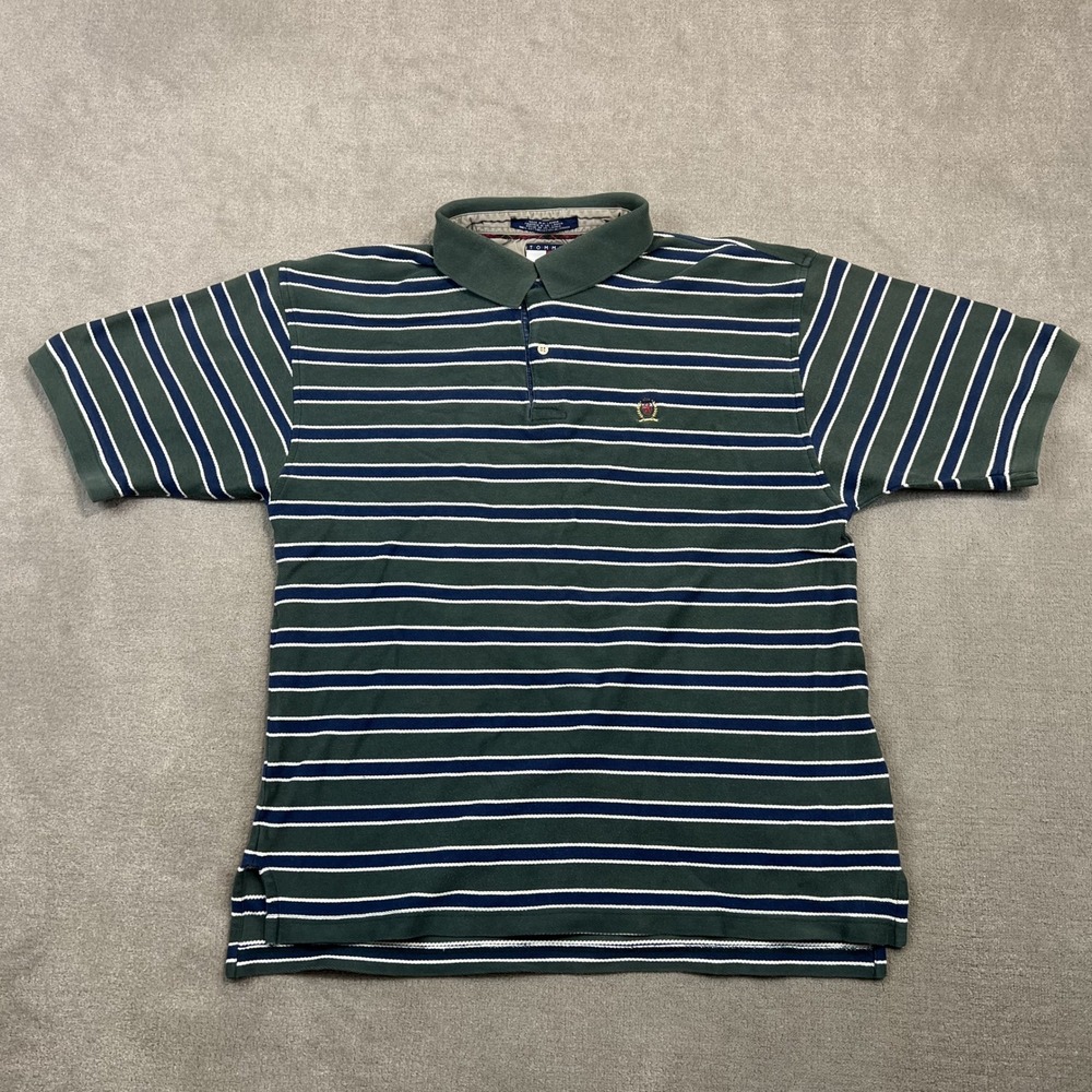 Tommy Hilfiger Polo Shirt Mens XXL Green Striped Cotton Pique Crest Logo 90s Vtg